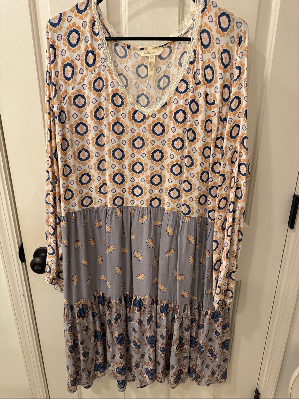 Matilda Jane Blue and Cream Mixed-Print Long Sleeve Tiered Dress